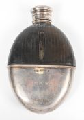 A late Victorian silver and leather mounted glass hip flask, hallmarked Birmingham, 1879,