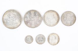 A Queen Victoria Jubilee 1887 seven coin set, to include Crown, Half crown, Double Florin, Florin,