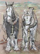 Trevor Taylor, A pair of shire horses pulling a plough, pastel and crayon heightened in white,