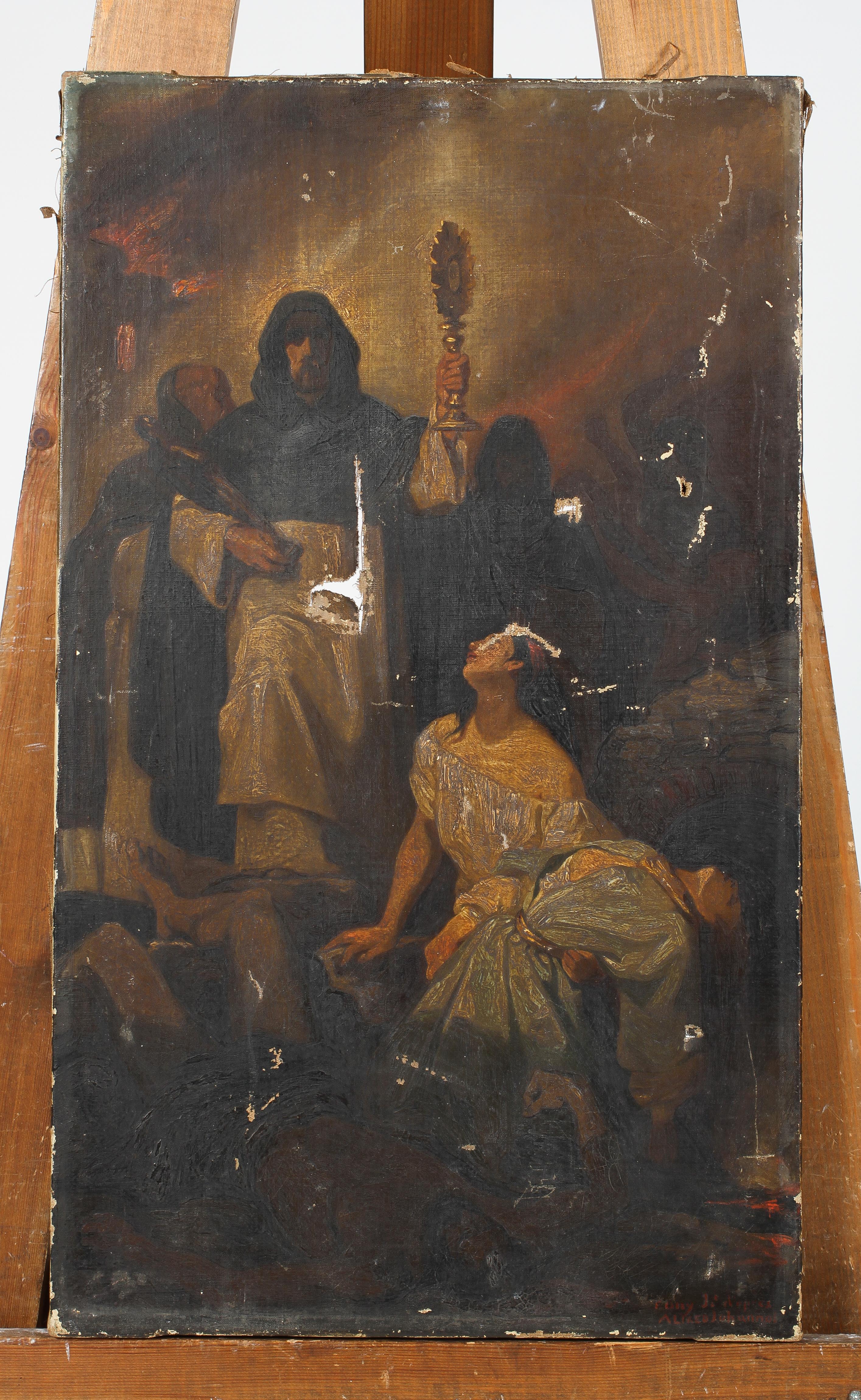 After Alfred Johannot, Priest holding up a relic, figures looking on, inscribed in red lower right, - Image 2 of 4
