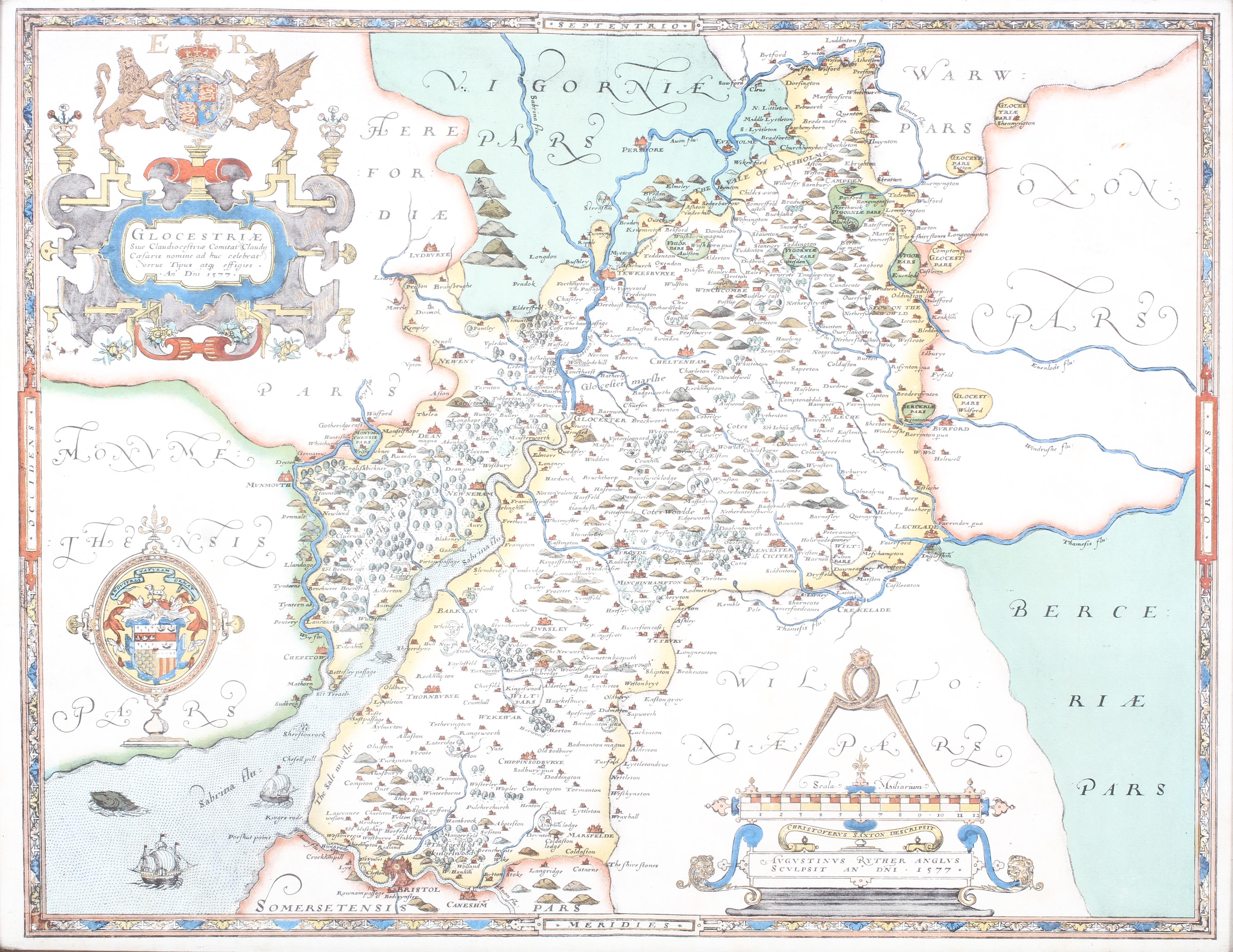 Two hand coloured prints of Saxton's maps, comprising: Cornwall 1576 and Gloucestershire 1577,