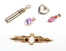 A 9ct opal and garnet bar brooch together with two gold cz pendants and two plain gold pendants.