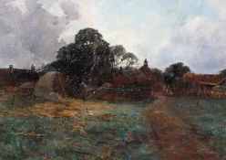 Robert Russell Macnee, Landscape with Haystack, oil on board, signed lower left,