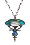 An abstract pendant with enamel finish suspended from an 18 inch belcher chain.