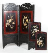 A Japanese shibyame two panel folding screen, Meiji period, together with two similar panels,