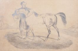 A mid 19th Century Indian pencil drawing of a horse and groom, 24cm x 35cm,