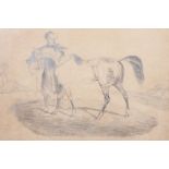 A mid 19th Century Indian pencil drawing of a horse and groom, 24cm x 35cm,