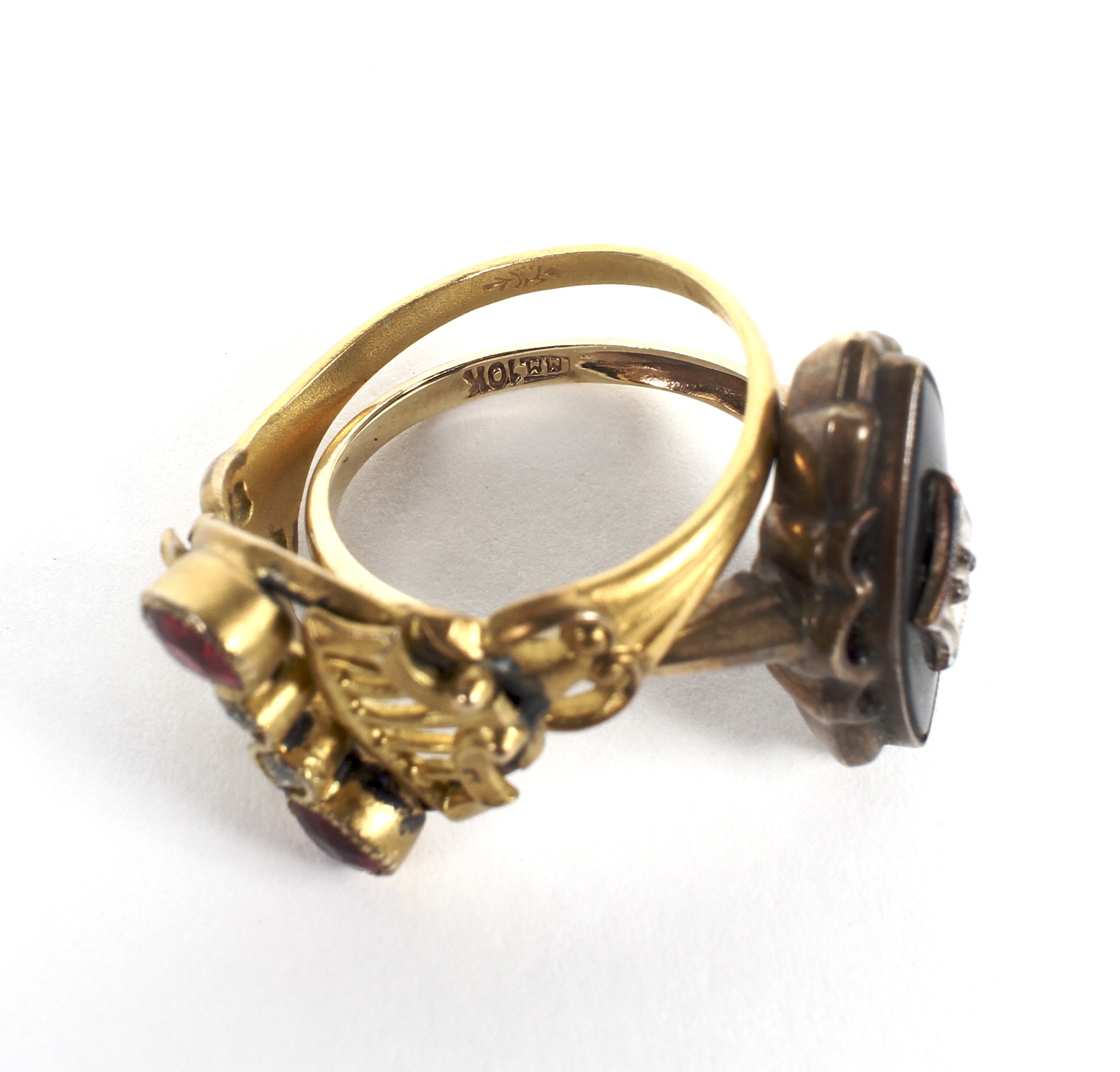 Two yellow metal dress rings, one being art deco and stamped 10k, combined weight 4. - Image 3 of 3