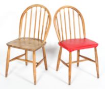 Two Ercol blonde elm and beech dining chairs, one upholstered in studded red fabric,