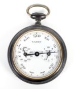 A late 19th-early 20th Century pedometer, white enamel dial, within a metal case, diameter 4.