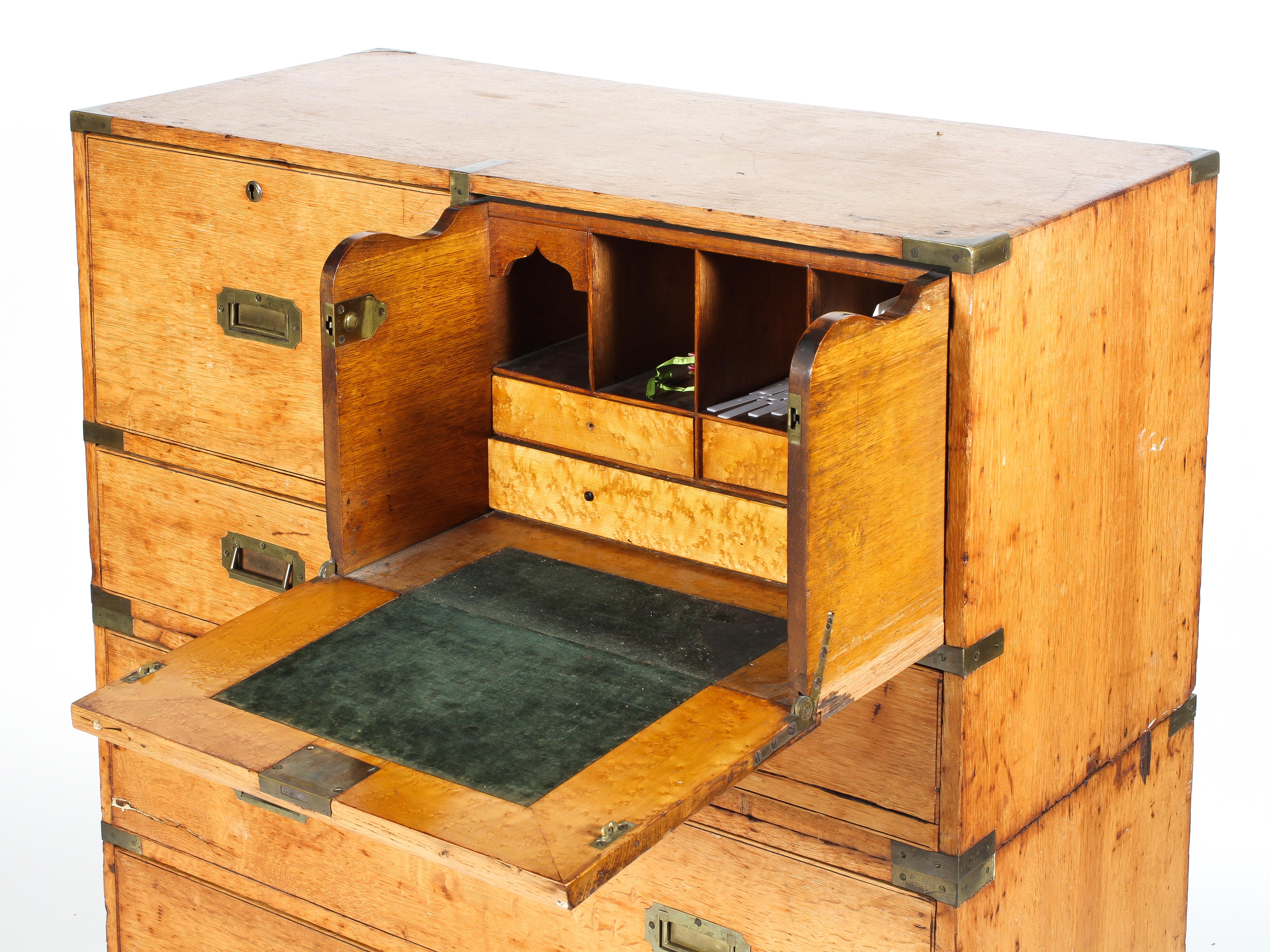 A Victorian oak campaign style secretaire, in two sections, - Image 2 of 2