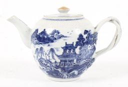 A Chinese Export porcelain blue and white teapot, ozier moulded borders,