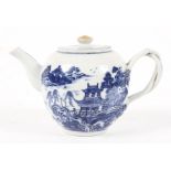 A Chinese Export porcelain blue and white teapot, ozier moulded borders,