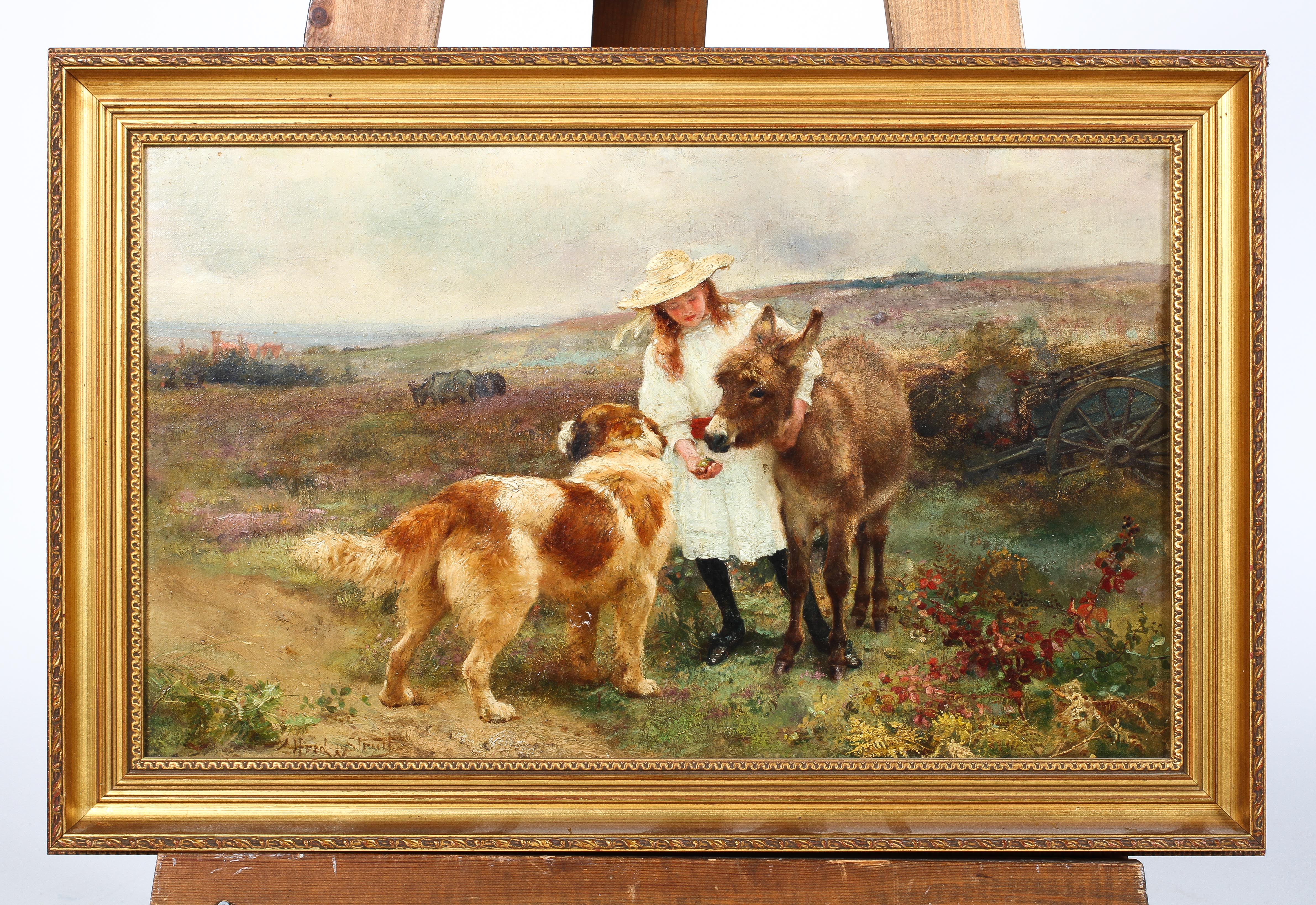 Alfred William Strutt (1856-1924), Girl feeding a donkey with a St Bernard, oil on canvas, - Image 2 of 9