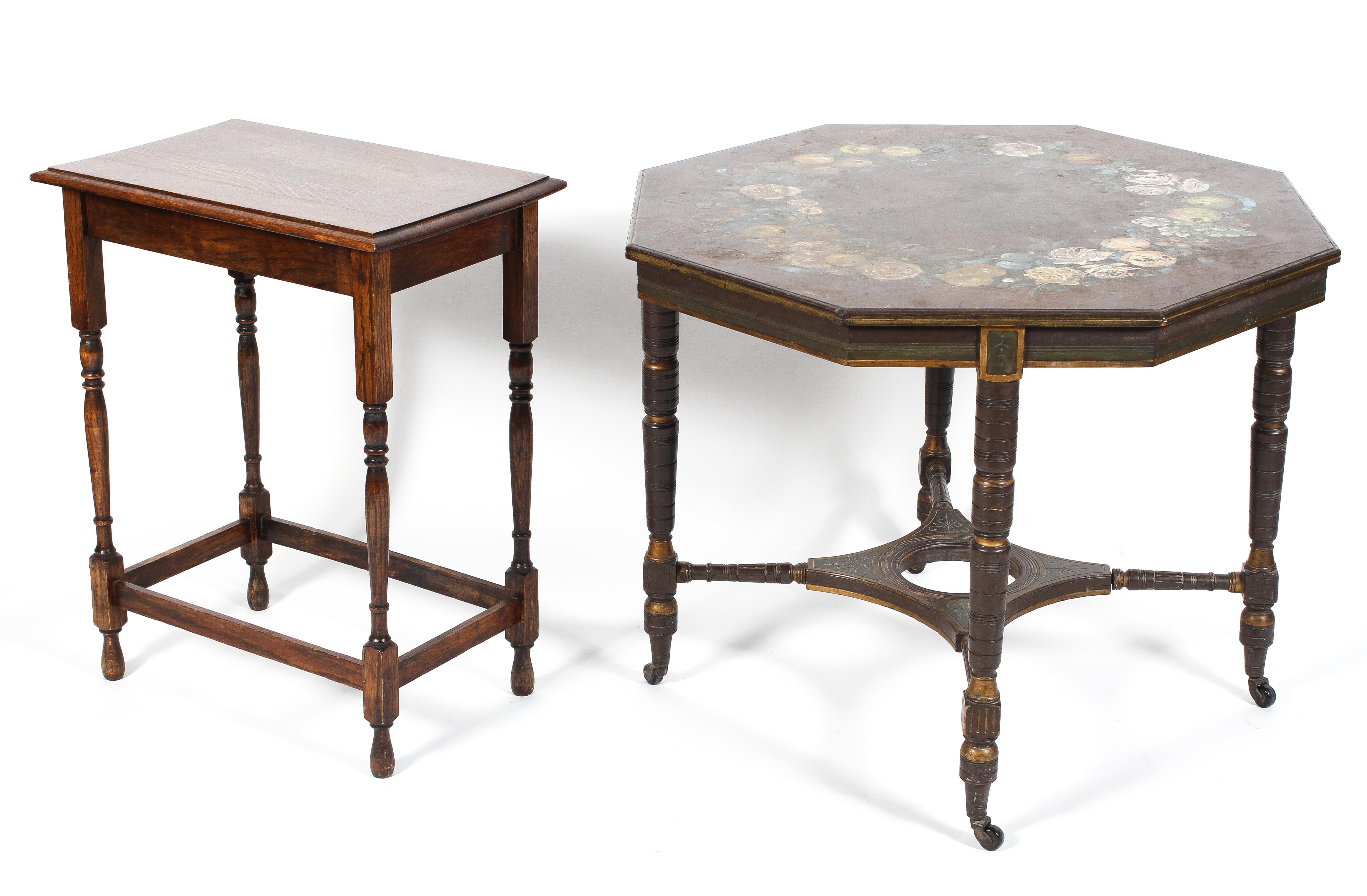 A Victorian painted octagonal occasional table, painted with a fruit garland to top,