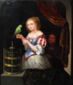 Follower of Casper Netcher, Girl with a parrot, oil on panel, in the 17th century style,