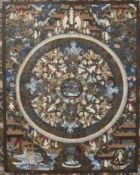 A Tibetan Thangka, painted and gilt with deities within a roundel, on paper, 20th century,