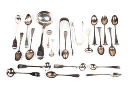 A collection of assorted silver flatware, including serving ladle, Georgian mustard spoons,