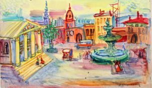 Stanislaw Eleszkiewicz (Polish, 1900-1963), Town Market Square with a fountain,