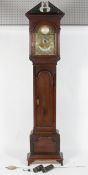 A oak longcase clock, the brass dial with a 10 1/4" silvered chapter ring,