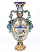 A late 19th century Italian majolica two-handled oviform vase, possibly Cantagalli,