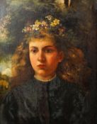 Pre-Raphaelite style portrait of a girl with flowers in her hair, oil on canvas, late 19th century,