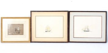 Three framed maritime pen and watercolour drawings including:two by Philip Denny,