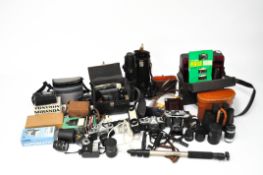 A large selection of vintage cameras and binoculars, including M42 telephoto lens,