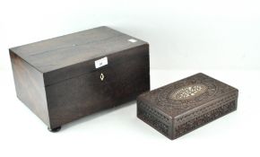 A rosewood veneered work box, raised on bun feet (one missing), width 33cm,