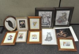 A group of modern prints and pictures of cats and other animals,