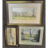 Three framed landscape paintings, including Adrian Whittlesea, watercolour of woodland,