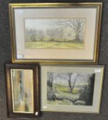 Three framed landscape paintings, including Adrian Whittlesea, watercolour of woodland,