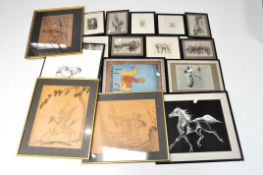 A large collection of horse and dog prints, featuring works by Edgar Hunt and Cecil Aldin,