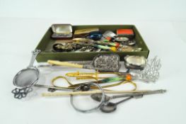 A selection of silver plate, including flatware, a shoehorn, a mustard pot, jewellery and more,
