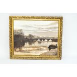 An oil on canvas, signed and dated Roberts '92, depicting a bridge over a river with a fisherman,
