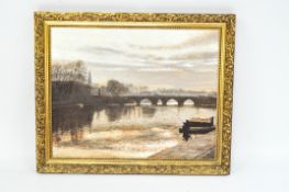 An oil on canvas, signed and dated Roberts '92, depicting a bridge over a river with a fisherman,