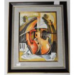 A modern semi-abstract painting on canvas of a violin, signed, 32cm x 24cm,