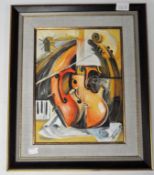 A modern semi-abstract painting on canvas of a violin, signed, 32cm x 24cm,