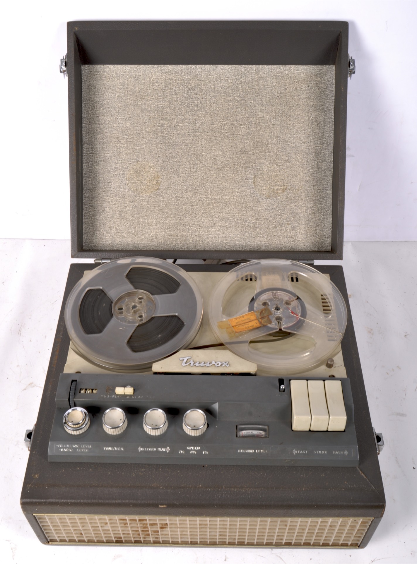 A Truvox reel to reel recorder, fitted in brown leatherette case,