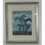 A silk painting in shades of blue, perhaps of abstract oriental characters, circa 1970's,