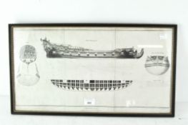 A print depicting a 17th century architect's drawing of a ship,