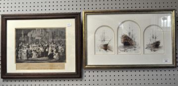 A limited edition three part print of ships, signed D E Bell, and a vintage print