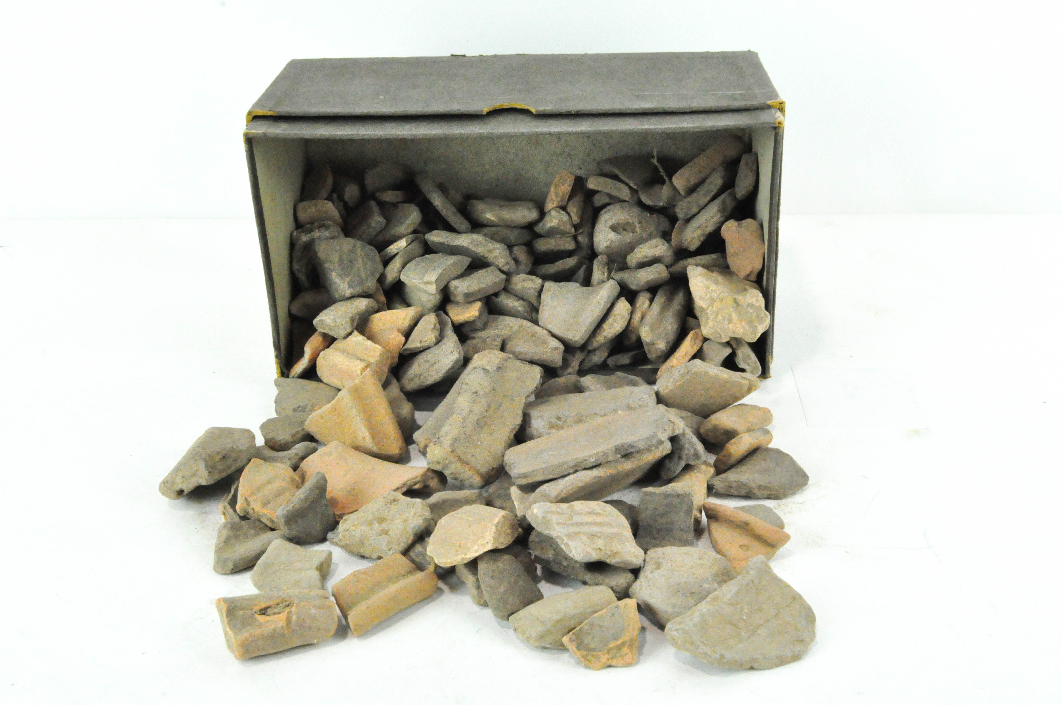 A box of archaeological artifacts,