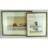 H Jones, 1989, watercolour depicting a remote castle, framed and glazed and another