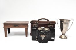 A WWII field Telephone Set 'F' MKII TMC with a copper table and an embossed silverplate trophy