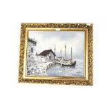 A modern oil on canvas of boats and buidlings in shades of blue and brown, signed Florence,