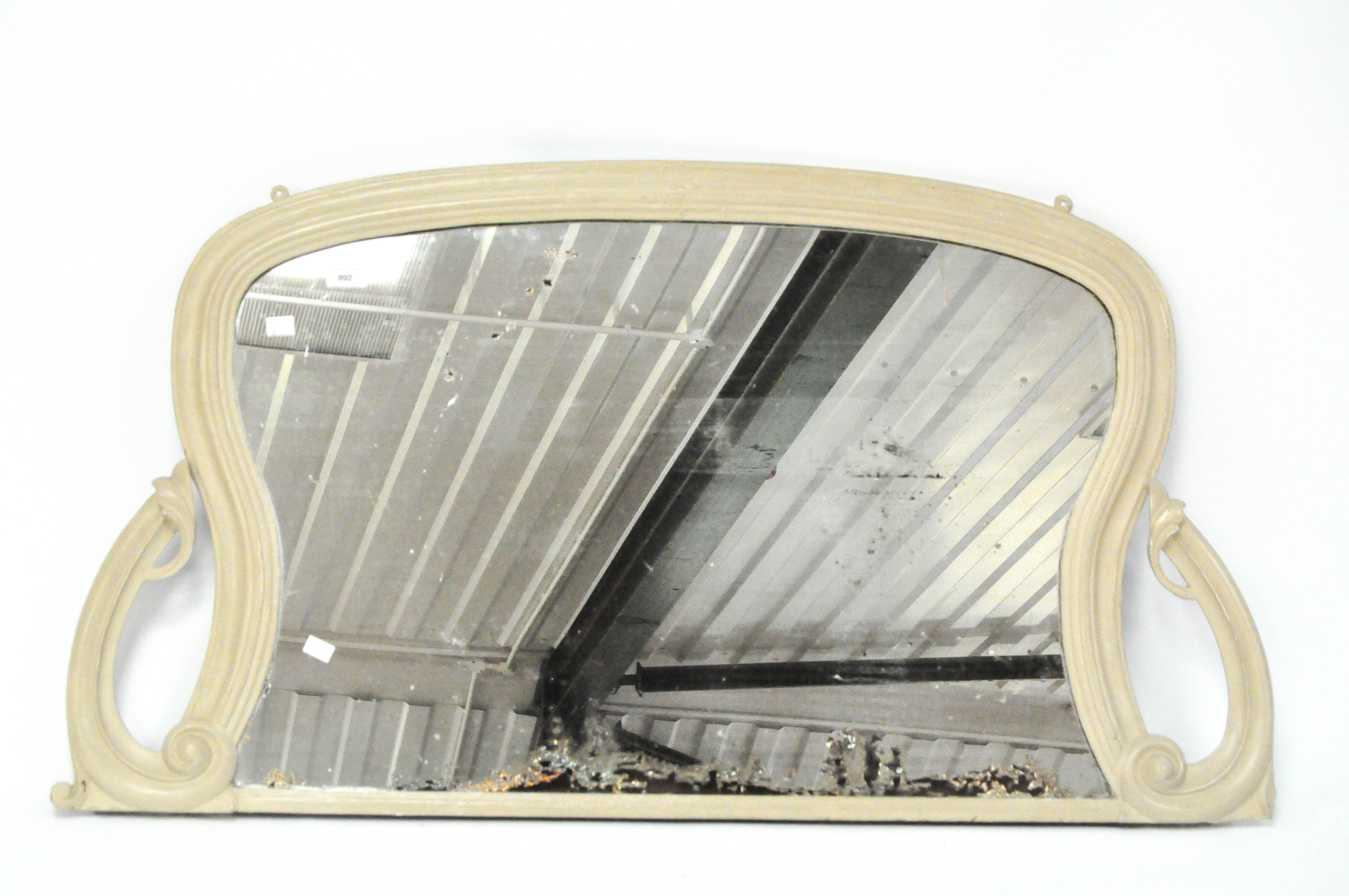 An Art nouveau overmantle mirror, grey painted frame,
