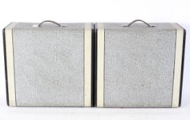 A pair of vintage portable boxed speakers in grey and white cases, speakers circa 30cm wide,