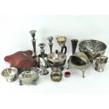 A selection of 19th & 20th Century silver plate and metalware, including a pair of candlesticks,