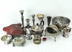 A selection of 19th & 20th Century silver plate and metalware, including a pair of candlesticks,